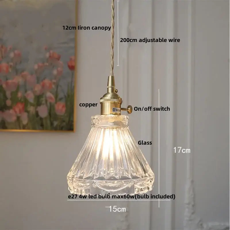 Vintage brass glass led pendant lamp with clear fluted glass shade and adjustable copper-finished fixture for dining room