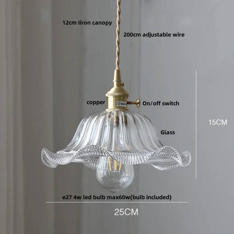 Vintage brass glass led pendant lamp with clear ribbed glass and adjustable wire suspension for dining room use