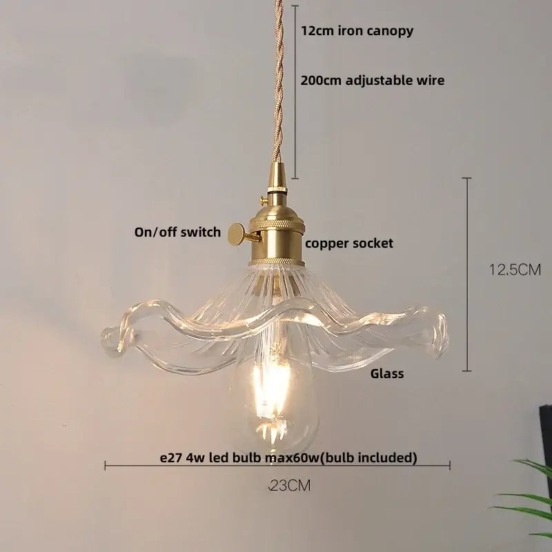 A vintage brass glass led pendant lamp with wavy translucent design for dining room floral lighting fixture
