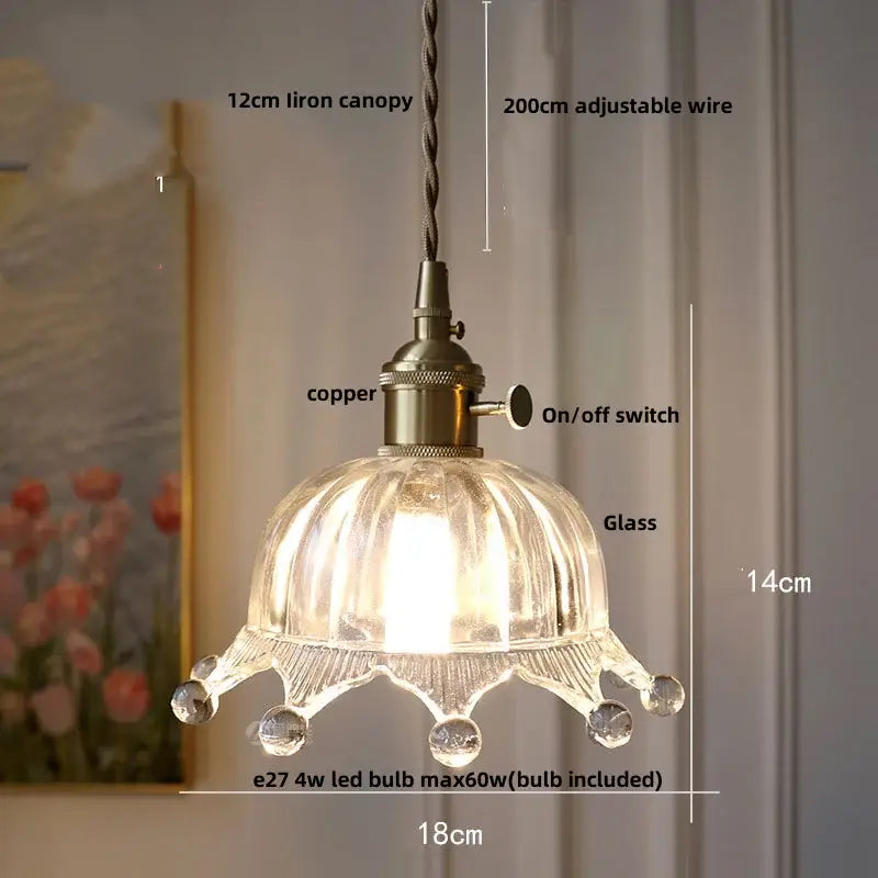 Vintage brass glass led pendant lamp with clear fluted crown design and crystal accents for dining room lighting