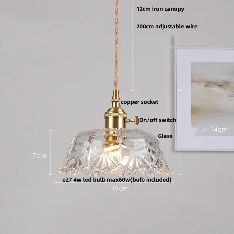 Clear intricately cut glass led pendant lamp with vintage brass copper socket and switch for dining room lighting