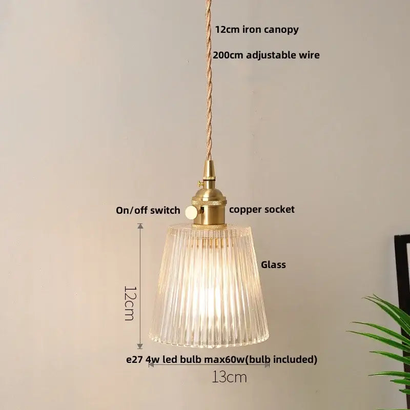Vintage brass glass led pendant lamp with iron canopy, copper socket, and clear ribbed shade for dining room lighting