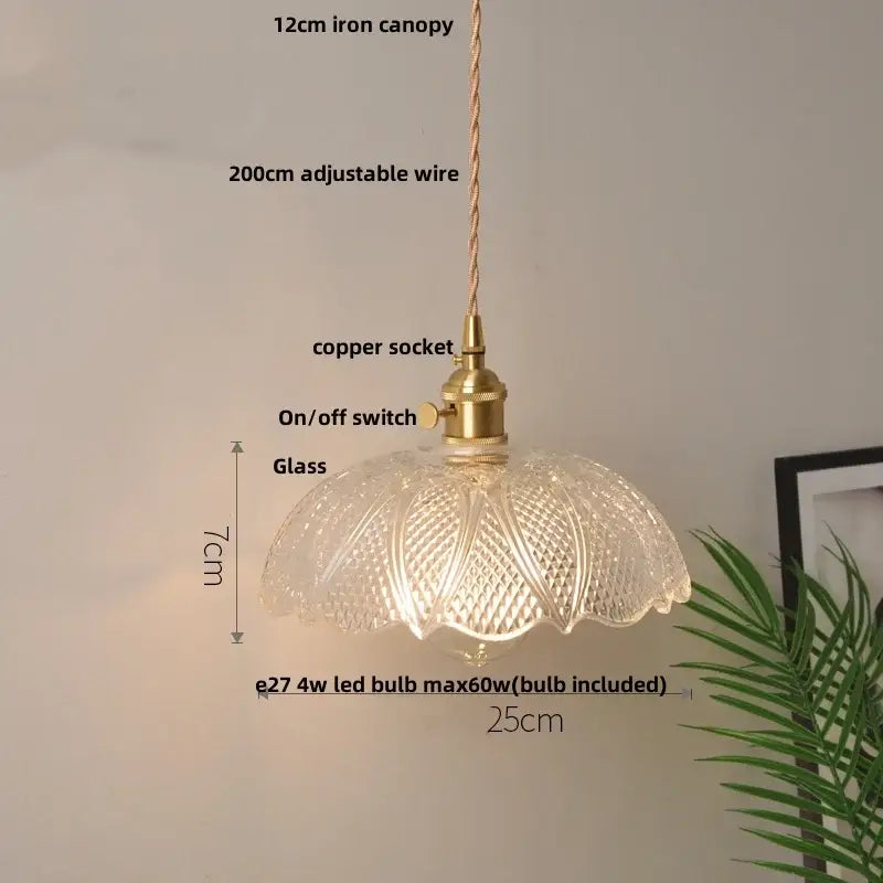 Vintage brass glass led pendant lamp with floral pattern and adjustable suspension for dining room lighting