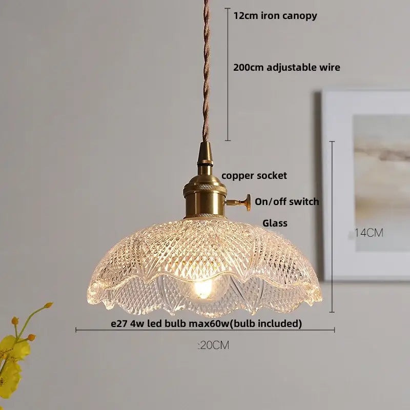 Vintage brass glass led pendant lamp with clear intricate cut glass shade and metal components for dining room lighting