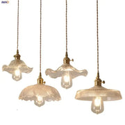 Four vintage brass glass led pendant lamps with textured floral shades for dining room lighting fixture