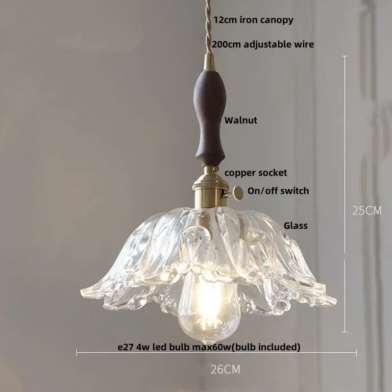 Vintage brass glass led pendant lamp with delicate clear glass leaf design and dark walnut iron canopy for dining room