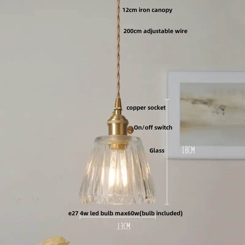 Vintage brass glass led pendant lamp with fluted crystal shade and copper socket for dining room lighting
