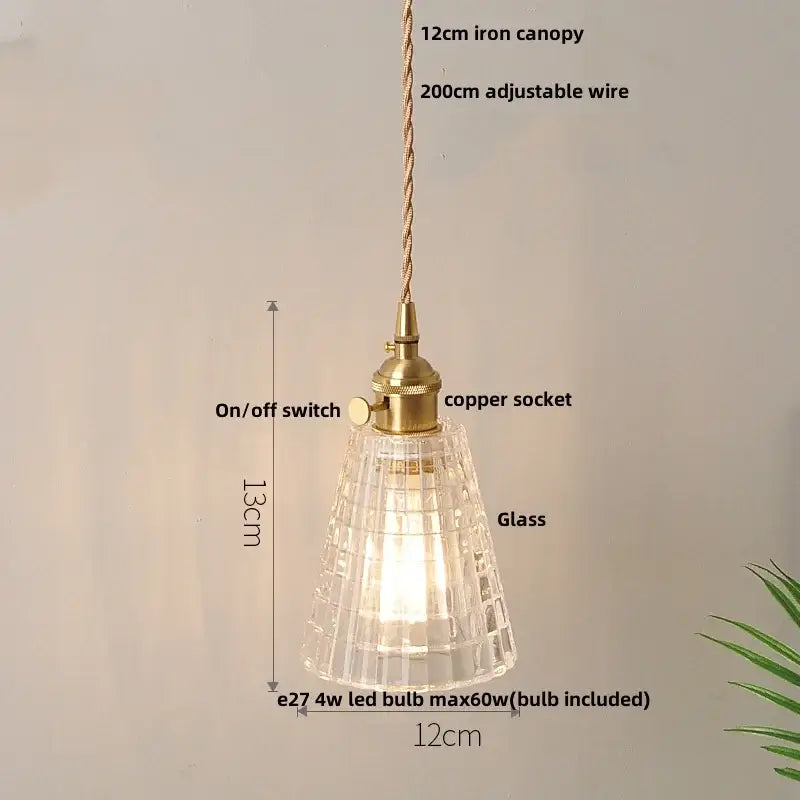 Vintage brass glass led pendant lamp with clear faceted glass and adjustable braided wire for dining room lighting