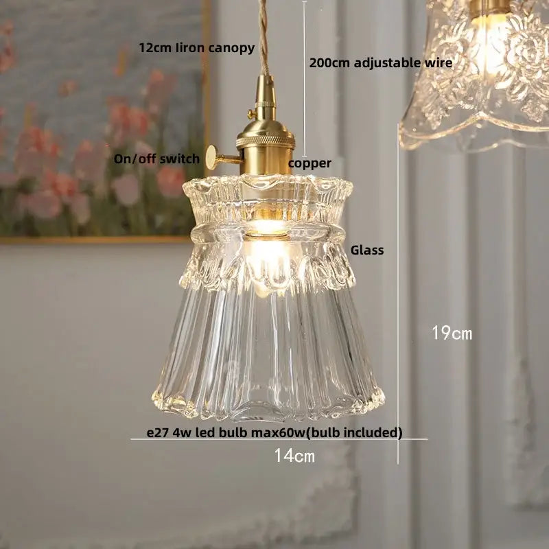 Vintage brass glass led pendant lamp with clear glass, brass-finished copper switch, and iron canopy for dining room