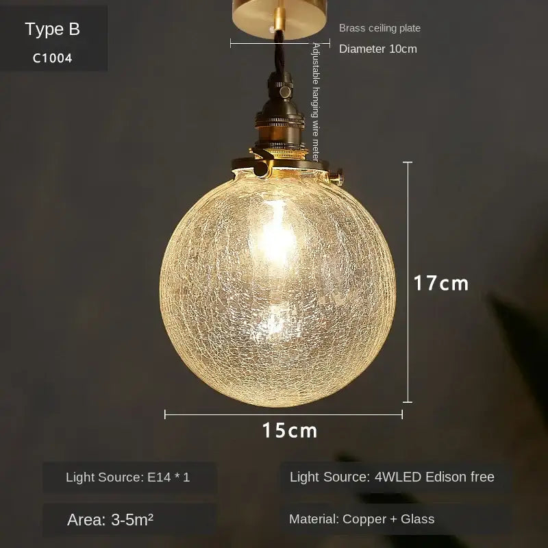 Vintage brass glass led pendant lamp with spherical crackled shade and edison bulb for dining room lighting