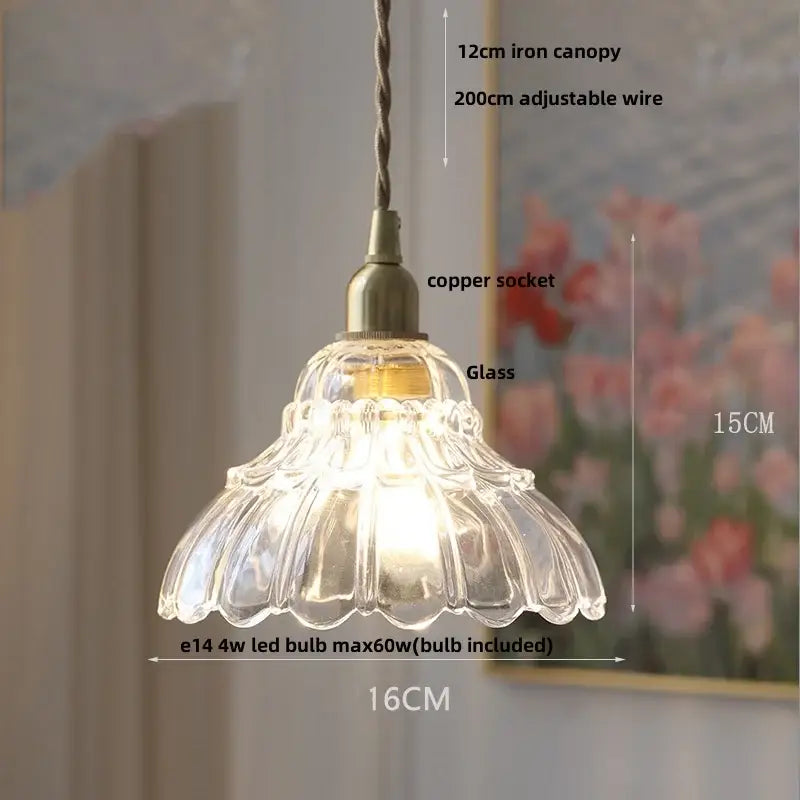 Clear glass led pendant lamp with fluted petal design and vintage brass copper socket for kitchen lighting