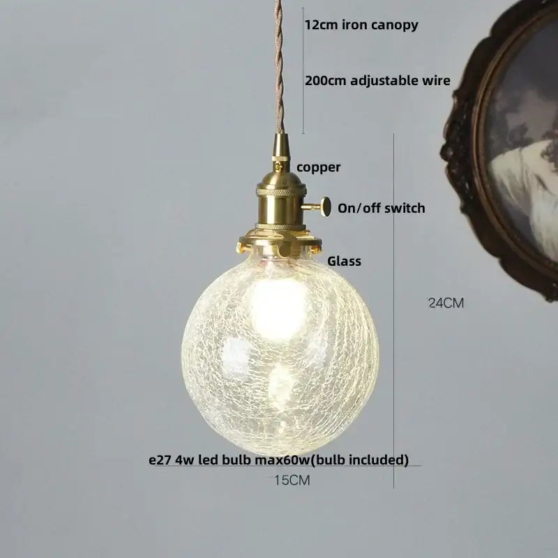 Vintage brass glass led pendant lamp with crackled globe and adjustable wire suspension for kitchen lighting