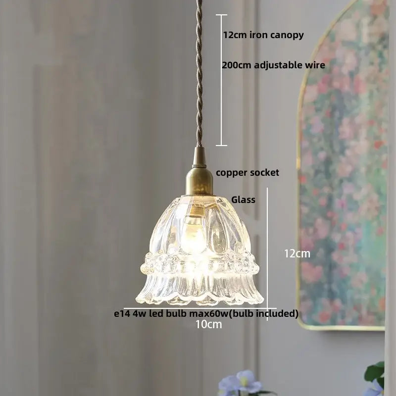 Clear glass led pendant lamp with fluted scalloped design and vintage brass copper socket for kitchen lighting