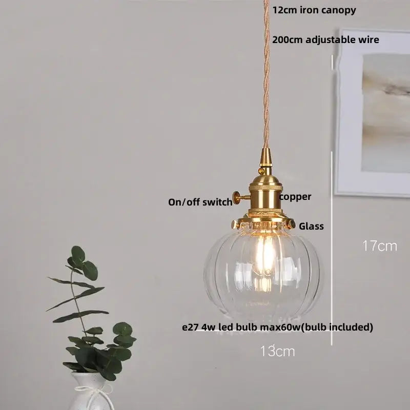 Vintage brass glass led pendant lamp with clear globe and adjustable braided wire suspension for kitchen lighting