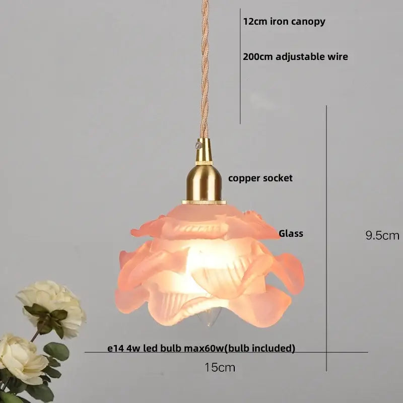 Vintage brass glass led pendant lamp with peach-colored fluted glass flower shade and twisted iron canopy for kitchen lighting