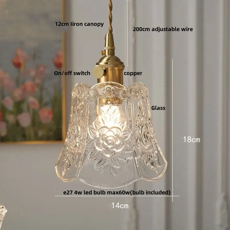 Vintage brass glass led pendant lamp with intricate floral etching and copper hardware for kitchen lighting
