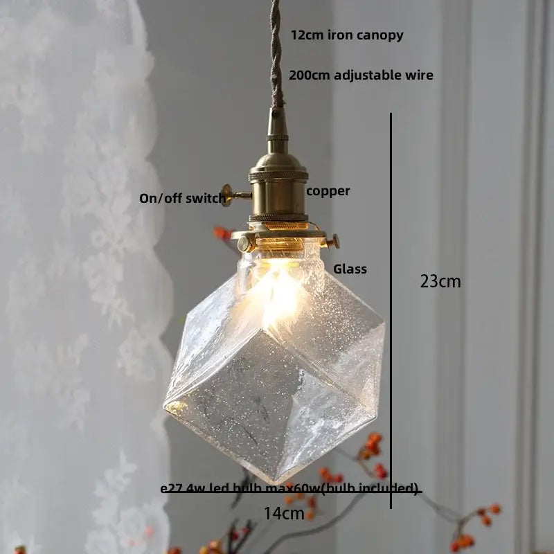 Warm-glowing vintage brass glass led pendant lamp with faceted shade and adjustable iron canopy for kitchen lighting