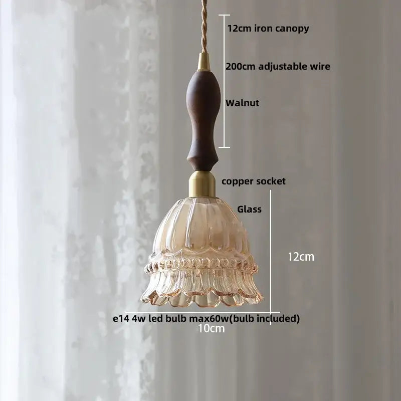 Delicate translucent amber glass led pendant lamp with fluted design and dark walnut wooden handle for vintage style