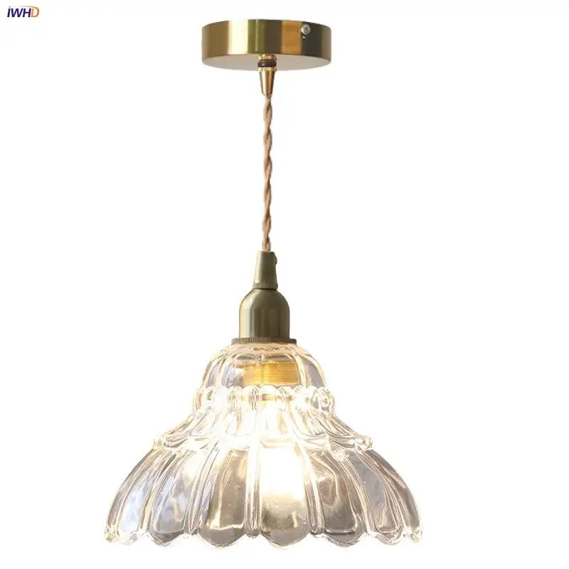 Vintage brass glass led pendant lamp with clear fluted glass shade and brass hardware for kitchen lighting