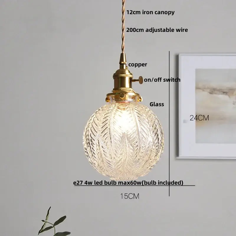 Vintage brass glass led pendant lamp with clear etched globe and copper switch for kitchen lighting