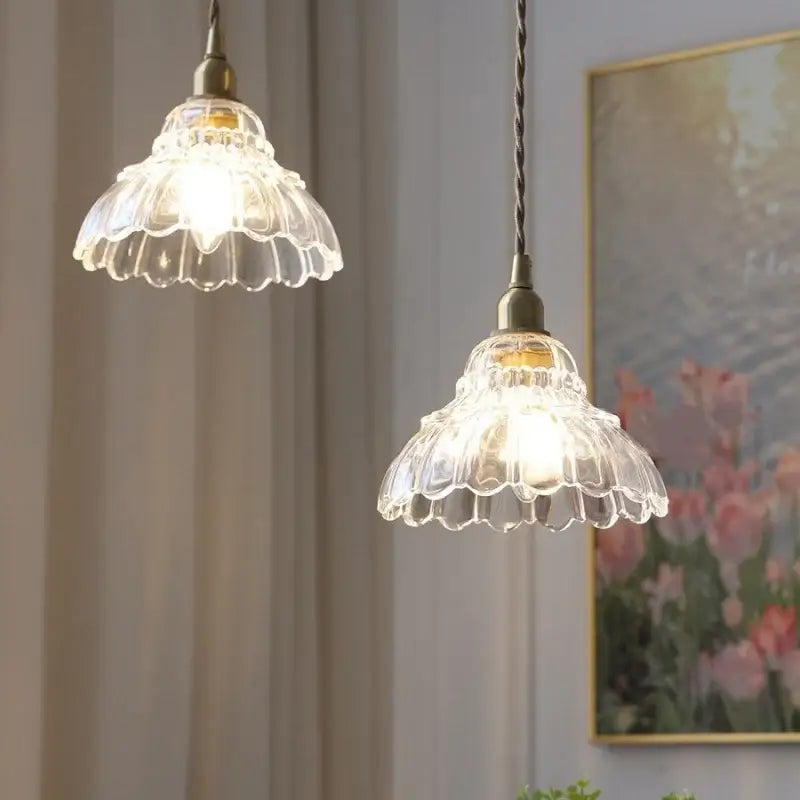 Vintage brass glass led pendant lamp featuring clear fluted petal-like glass led pendant lamps with brass fixtures