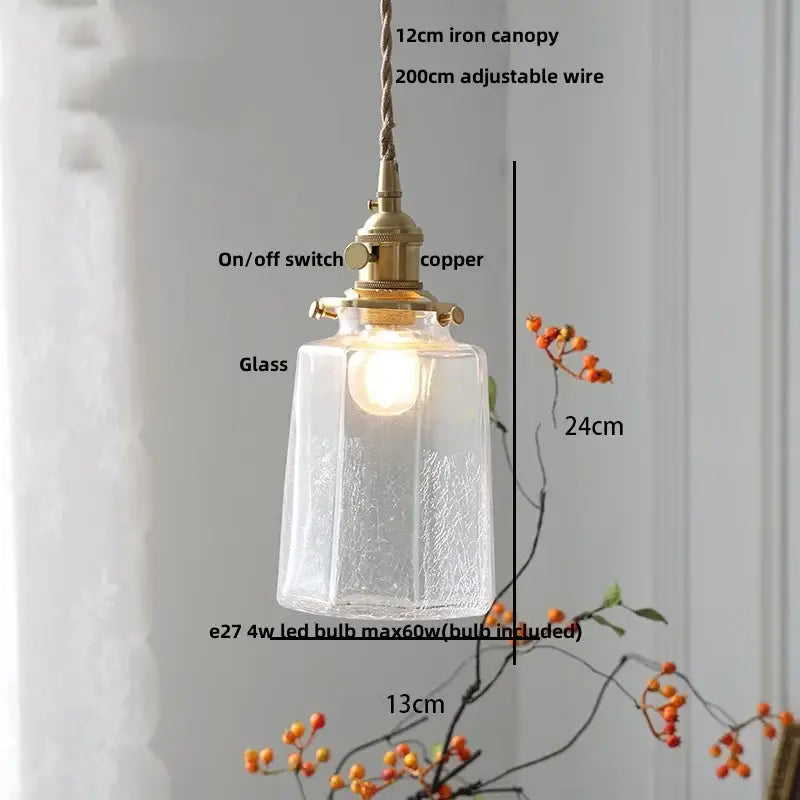 Vintage brass glass led pendant lamp with clear faceted glass, brass-finished copper switch, and iron canopy for kitchen