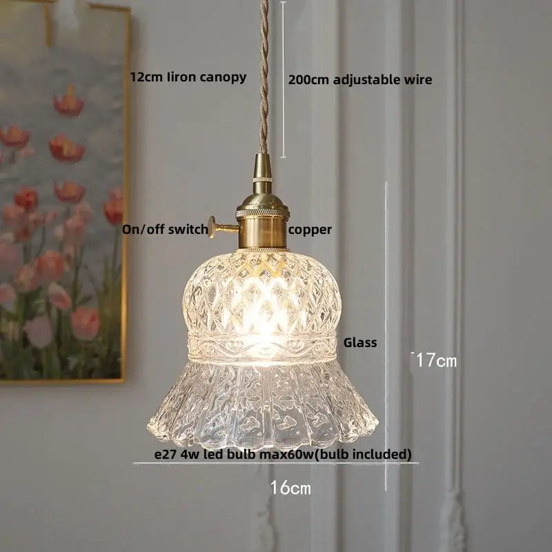 Vintage brass glass led pendant lamp with clear intricately cut glass and adjustable braided wire fixture