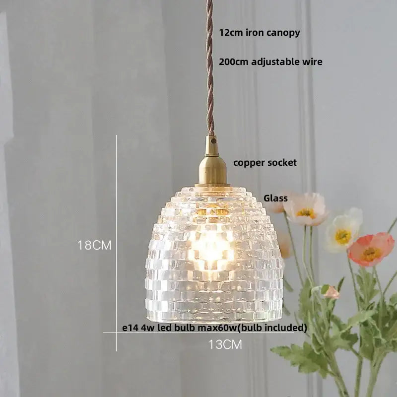 Vintage brass glass led pendant lamp featuring a clear textured faceted glass led pendant and brass-colored copper socket