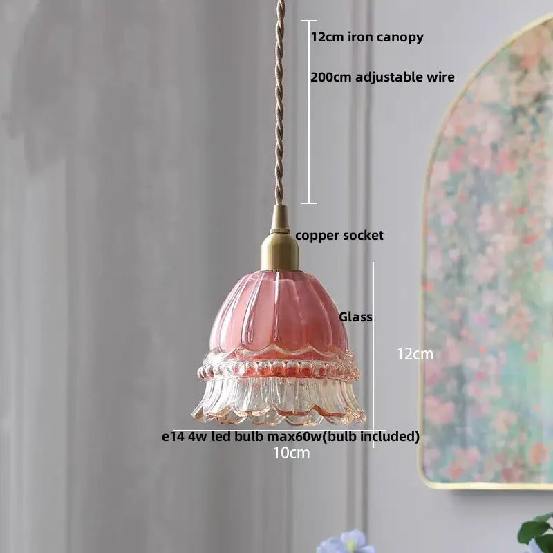 Pink glass led pendant lamp with fluted ruffled design and vintage brass accents for kitchen lighting