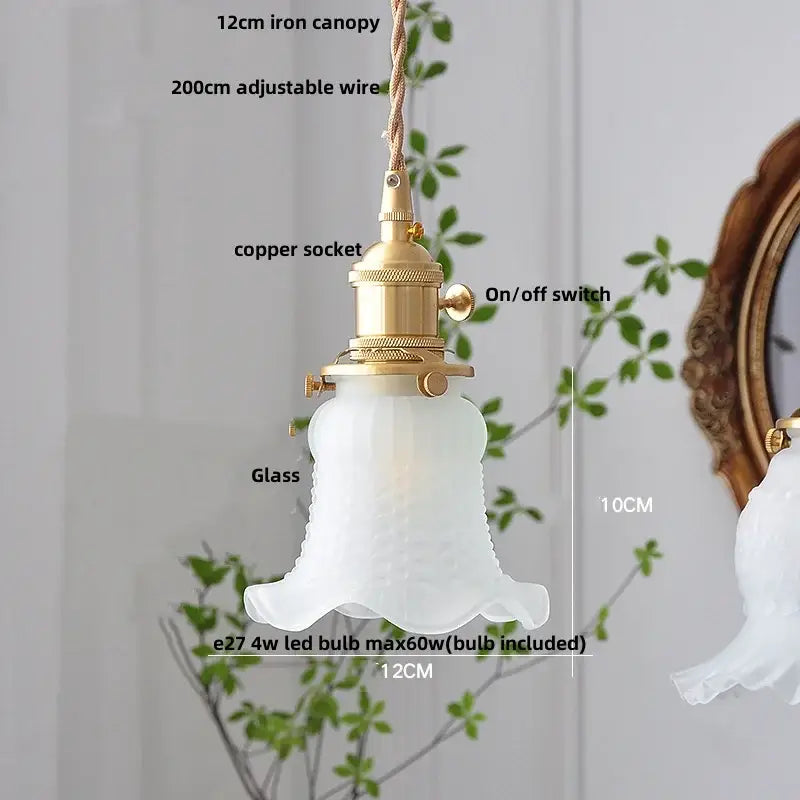 Vintage brass glass led pendant light featuring a delicate white glass led pendant with brass copper socket and adjustable wire suspension