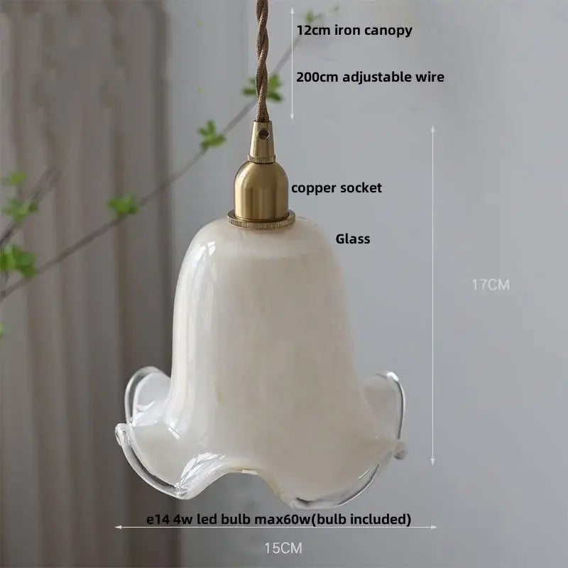 Vintage brass glass led pendant light featuring an off-white glass bell shade with copper socket and iron canopy