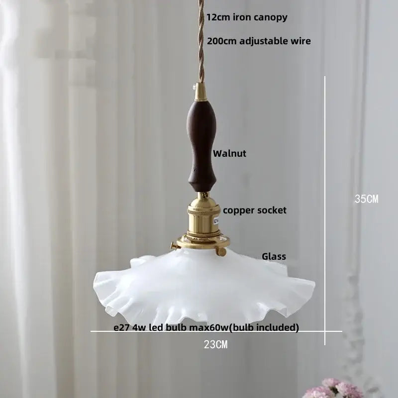 Vintage brass glass led pendant light with a delicate white ruffled glass shade and dark walnut wooden handle