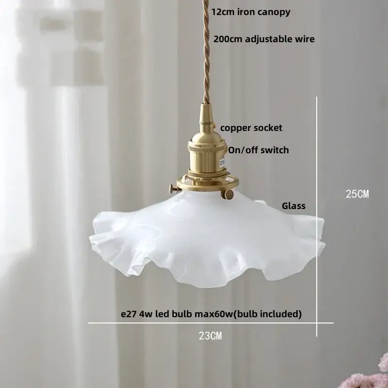 Vintage brass glass led pendant light with delicate white ruffled glass shade and brass finish for kitchen use
