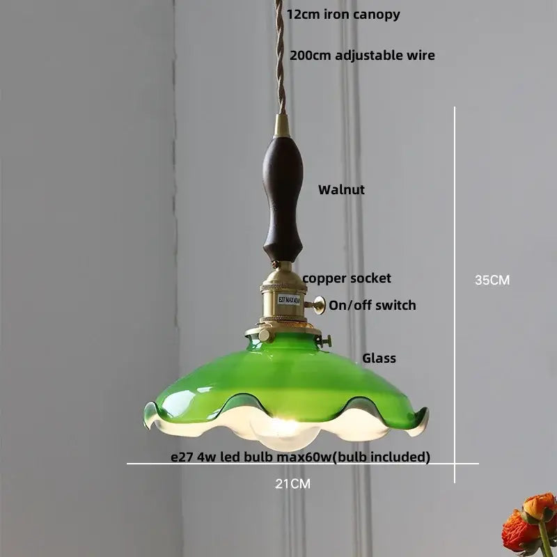 Vintage brass glass led pendant light with green glass shade, walnut-finished iron canopy, and copper socket for kitchen