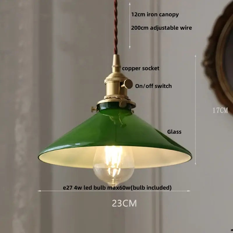 Vintage brass glass led pendant light featuring a green glass led pendant with brass copper socket and switch