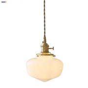 Vintage brass pendant light with frosted glass led pendant shade and twisted cord suspension for kitchen use