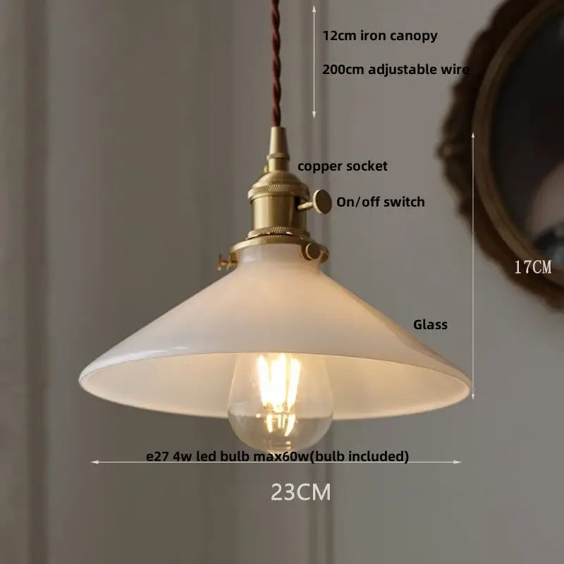 Vintage brass glass led pendant light with frosted shade copper socket and iron canopy for kitchen use