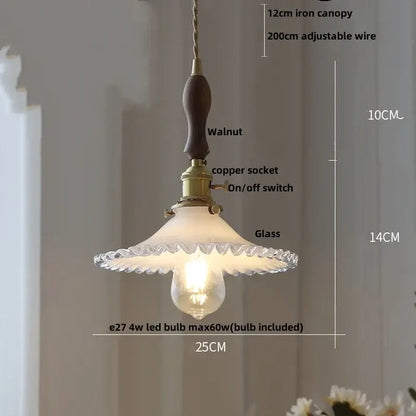 Vintage brass glass led pendant light with dark walnut iron canopy, brass copper socket, and frosted scalloped shade