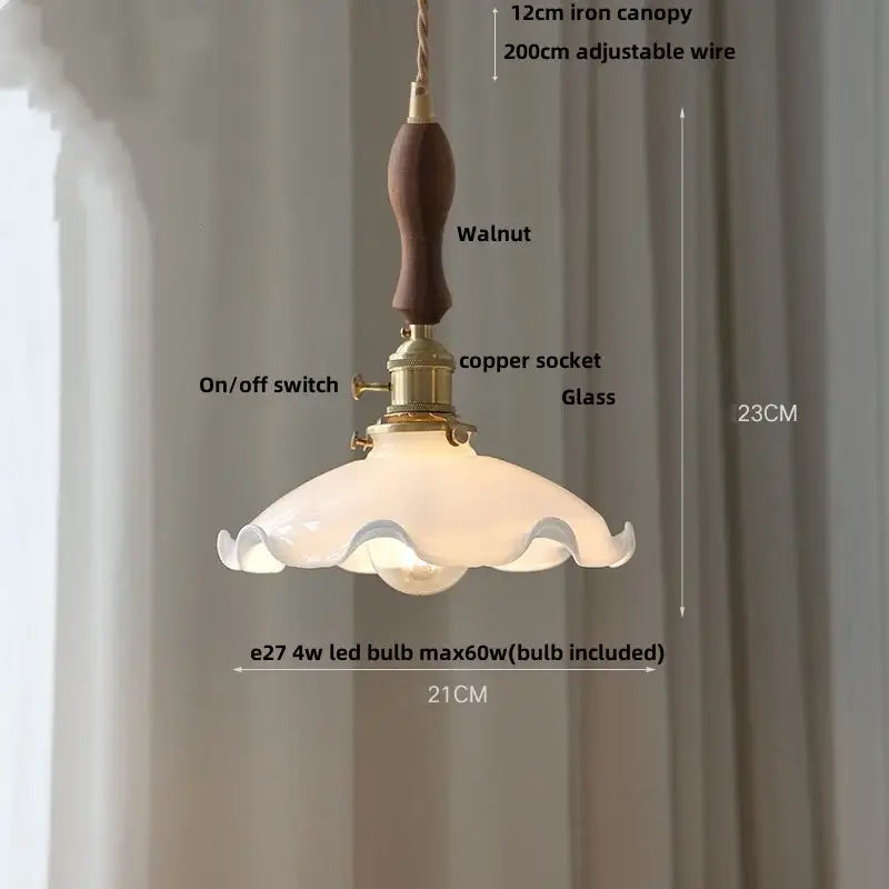 Vintage brass glass led pendant light with walnut handle and frosted scalloped glass shade for kitchen use