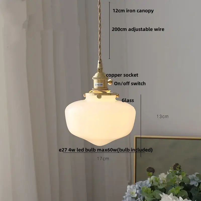 Vintage brass glass led pendant light with frosted glass, brass copper socket, and adjustable iron canopy for kitchen use