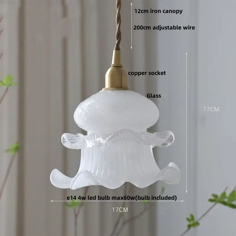 Vintage brass glass led pendant light with white frosted flower design and brass copper socket for kitchen use