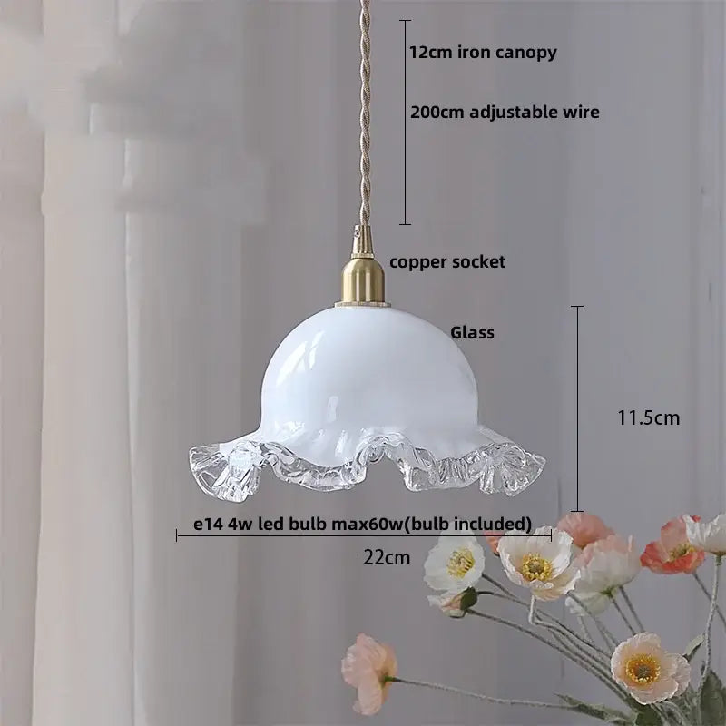Vintage brass glass led pendant light with white ruffled translucent crystal edge and brass accents for kitchen use