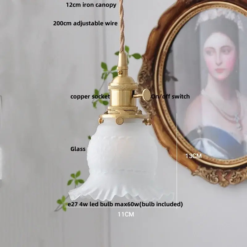 Vintage brass glass LED pendant light with white frosted glass, copper socket, and on/off switch for kitchen use