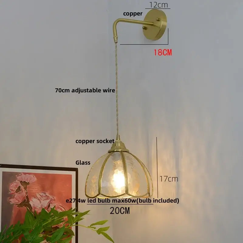 Vintage brass glass led wall sconce with brass-finished copper body glass shade and adjustable wire for bedroom light decorbites glass brass