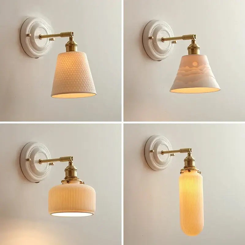 Vintage brass globe wall sconce with white ceramic, brass accents, ribbed glass shades, decorbites copper arm led design