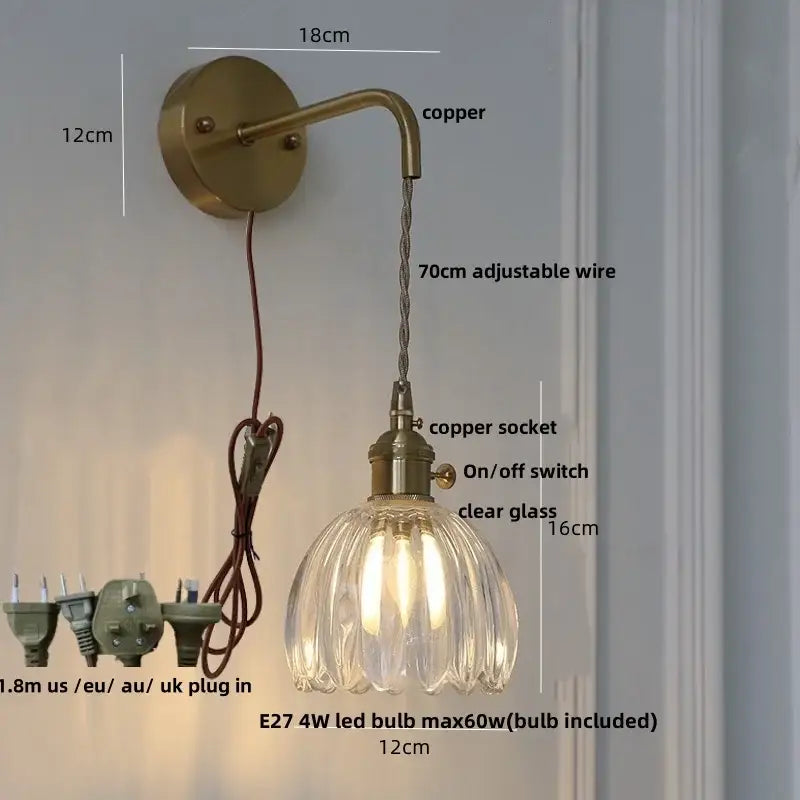 Antique brass vintage wall light with green glass shade and adjustable copper wire for bedroom decorbites led wall use