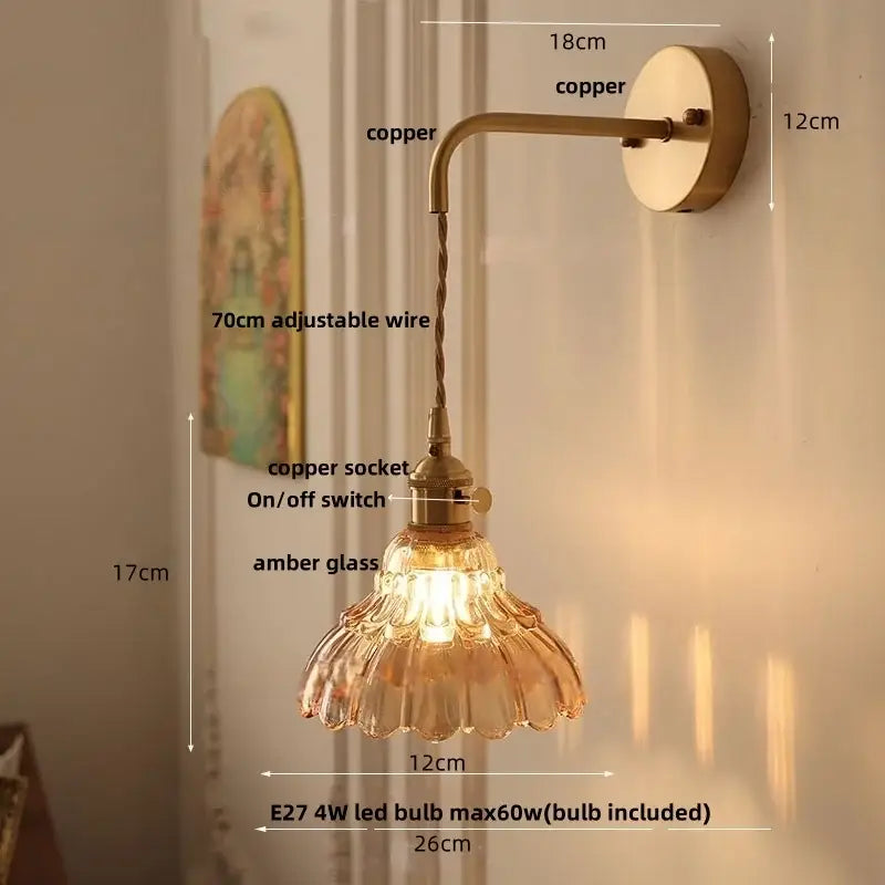 Vintage brass wall light with copper sconce and fluted amber glass shade featuring adjustable 70cm wire decorbites led wall