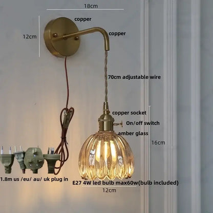 Vintage brass wall light with copper sconce amber glass shade and 70cm adjustable wire for decorbites led wall use