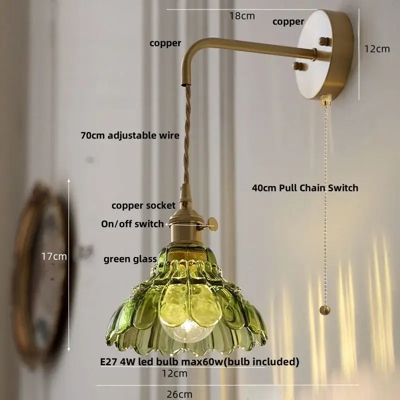 Vintage brass wall light with copper sconce and green glass petal shade for bedroom decorbites led wall lighting
