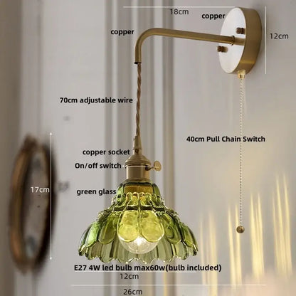 Vintage brass wall light with copper sconce and green glass petal shade for bedroom decorbites led wall lighting
